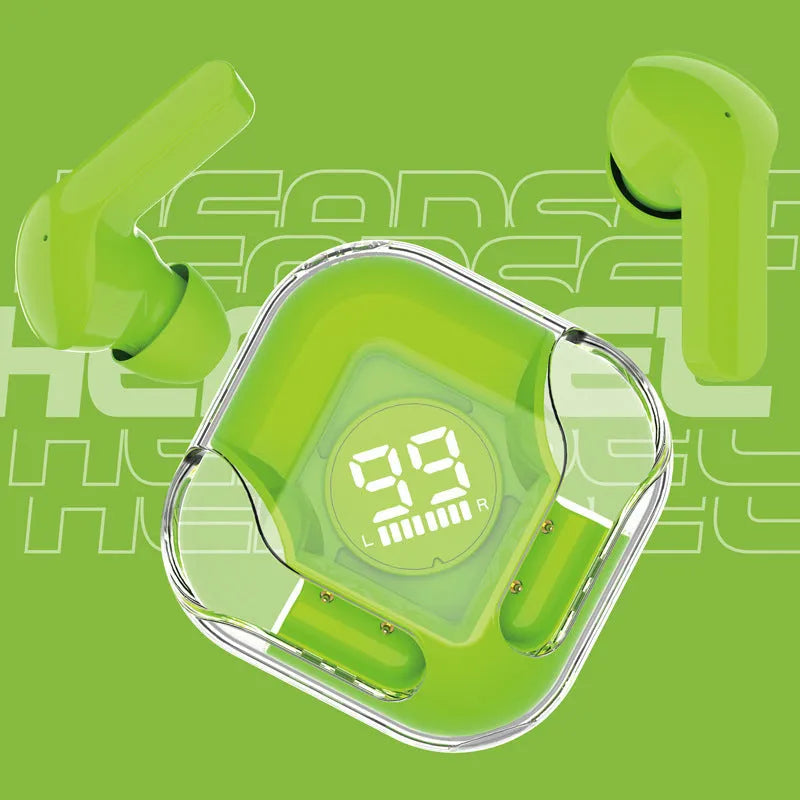 Wireless TWS Bluetooth headphones in five colours: white, black, pink, blue, and green, showcasing in-ear design.