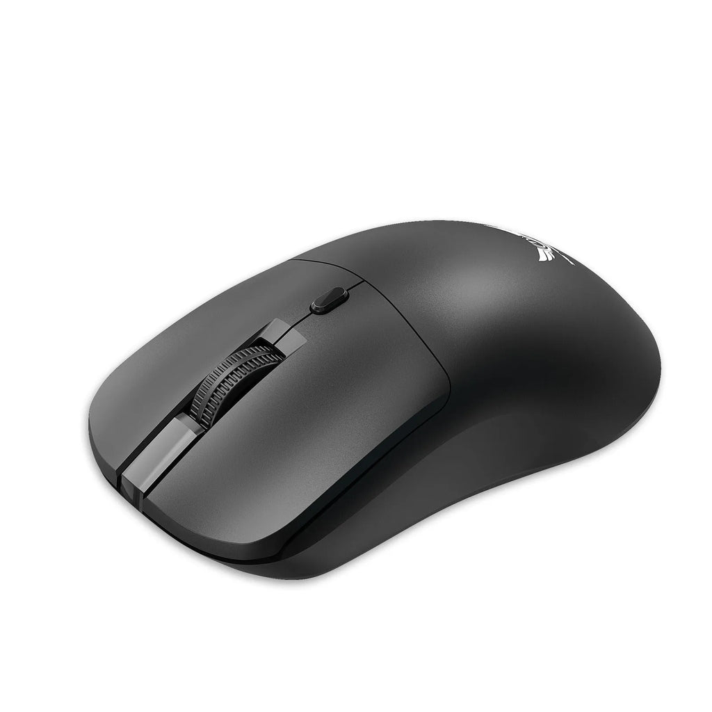 Black wireless computer mouse with three buttons and scroll wheel for laptop and desktop use