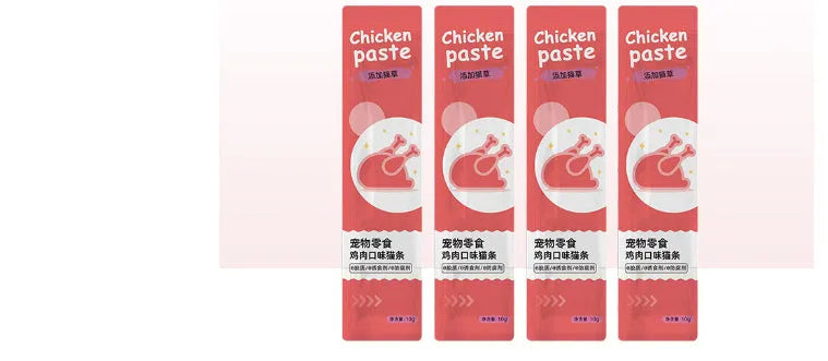 Pack of cat treat strips in four flavour varieties including chicken catgrass and salmon astaxanthin.