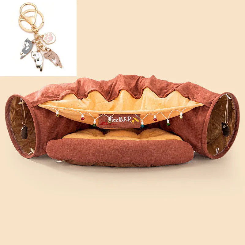 Collapsible cloth cat tunnel in choice of colours showing folded and unfolded states