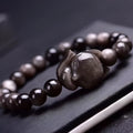 Obsidian Fox single ring bracelet with 8mm polished beads and silver fox charm