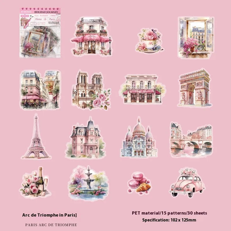 Retro-style architecture journal stickers showing designs of Big Ben, Arc de Triomphe, and other global landmarks.