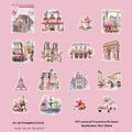 Retro-style architecture journal stickers showing designs of Big Ben, Arc de Triomphe, and other global landmarks.