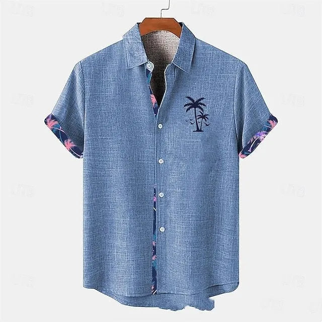 Linen short sleeve shirt with ocean fish pattern lapel detail in loose casual fit
