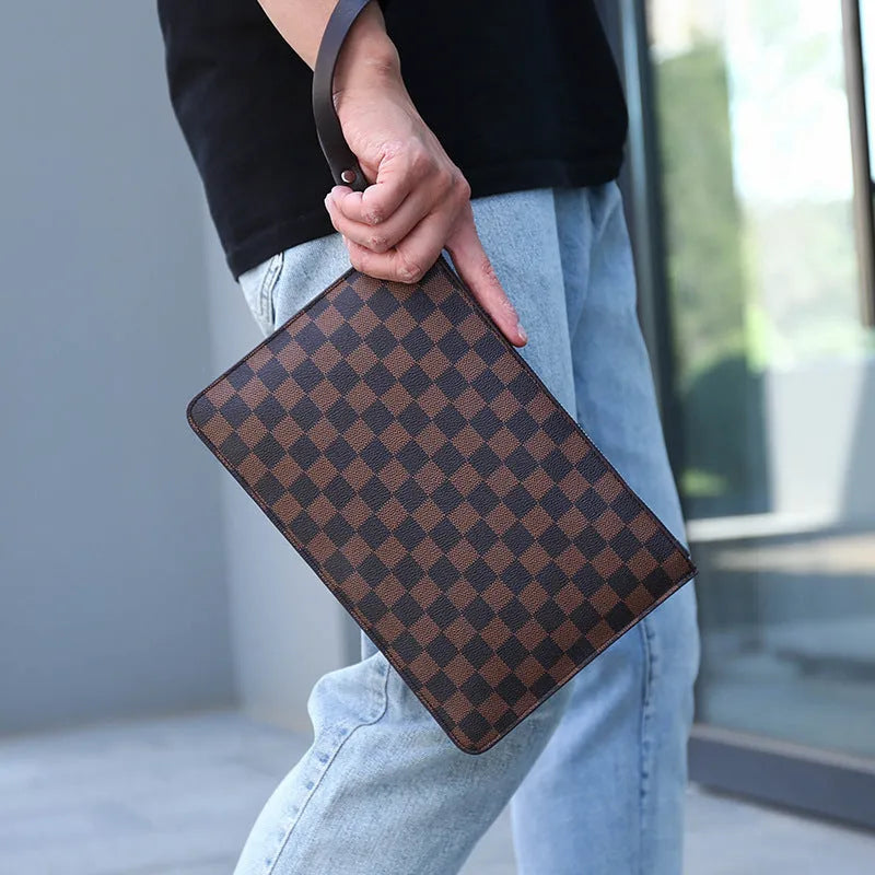 Men's black checkered pattern PU leather clutch showing card slots and handheld design.
