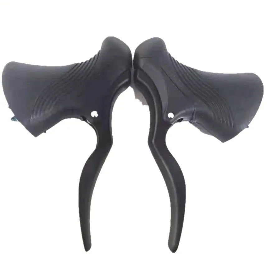 A pair of aluminium alloy road bicycle brake handles in black, showing the lever shape and clamp for handlebars