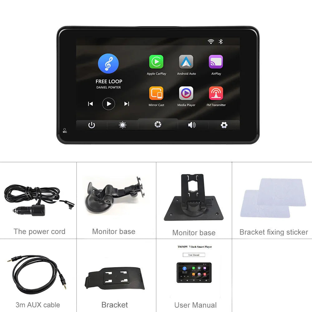 7inch HD wired car media player with suction cup mount and auxiliary cable on vehicle dashboard