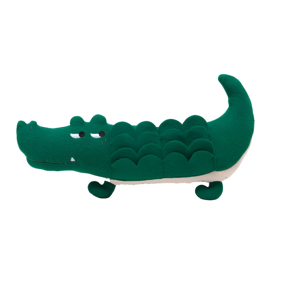 Green interactive plush dog toy with squeaker and crinkle sounds, measuring 35 cm long.