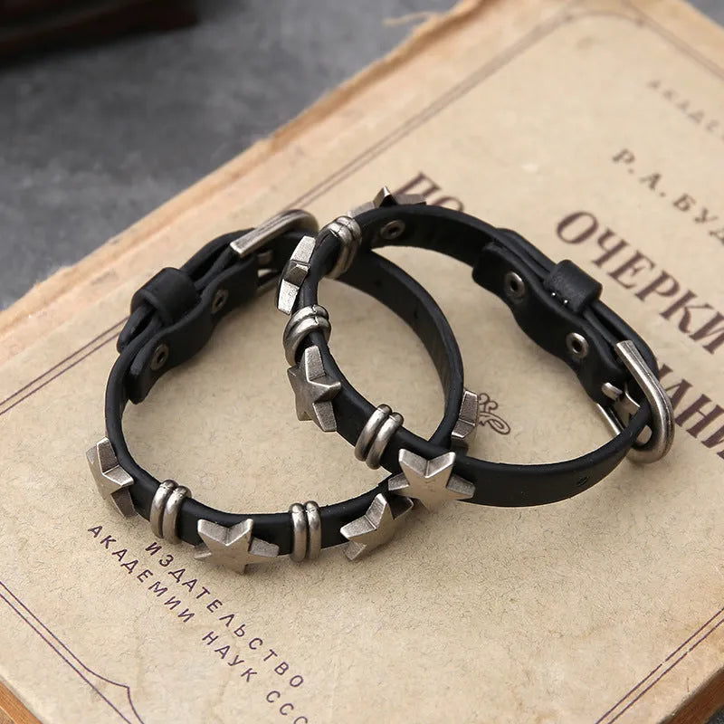 Black cowhide leather bracelet with five-pointed star design, unisex, retro punk style