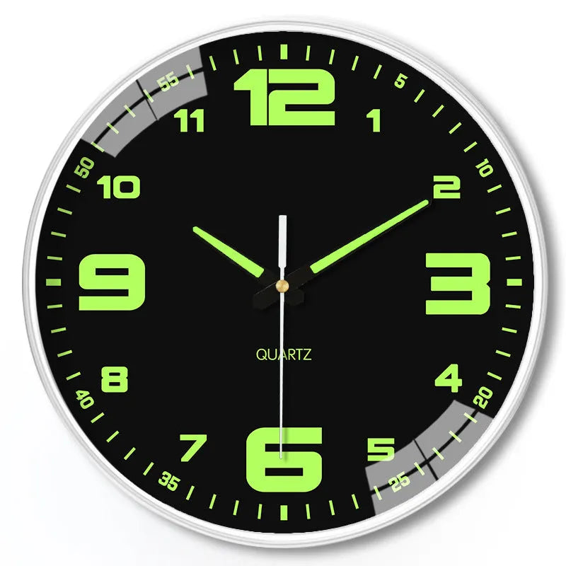 20cm round modern wall clock with luminous dial and black Arabic numerals on white face