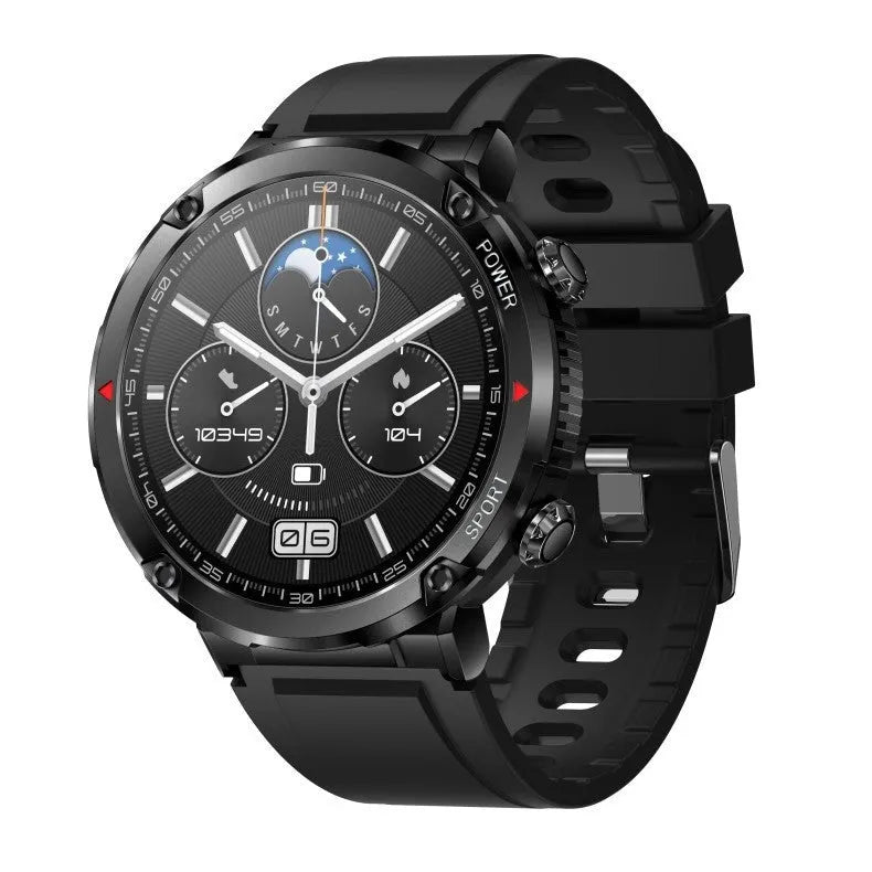 T30 smartwatch on wrist showing display, with Bluetooth calling and health monitoring features.