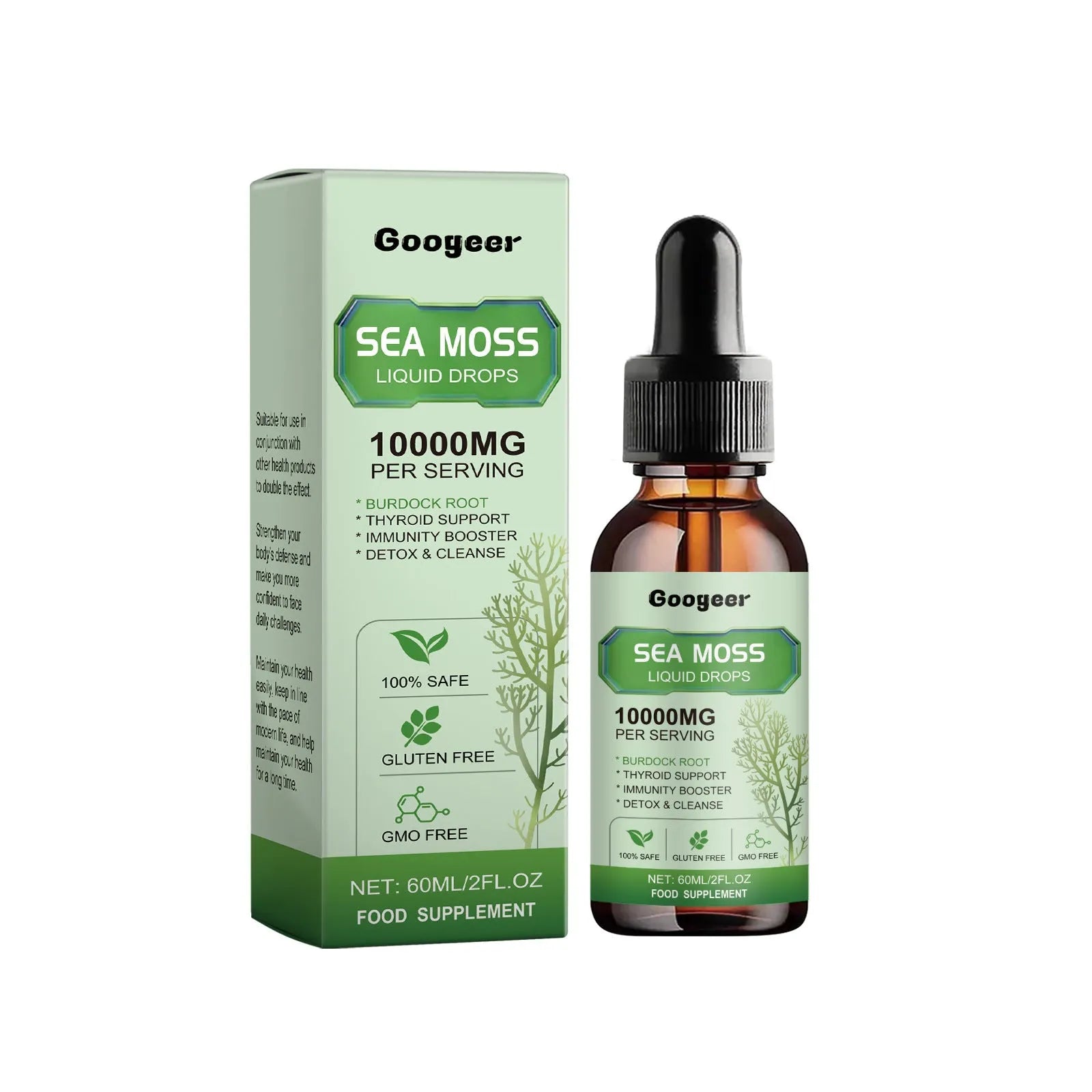Googeer sea moss liquid drops body treatment bottle, 60ml capacity, 3.3x3.3x12cm size.