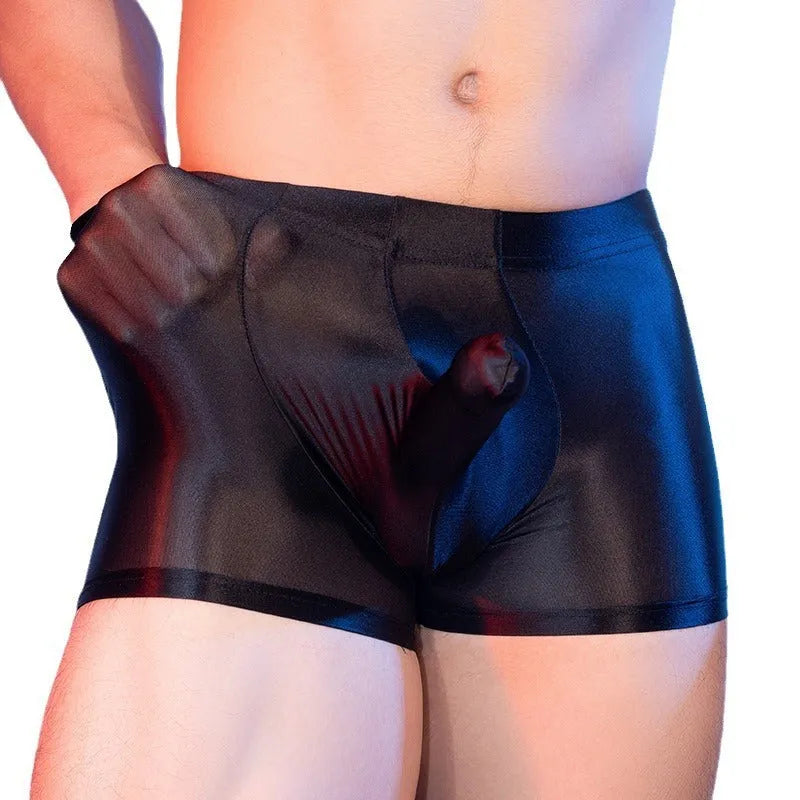 Men's elephant print boxer shorts in breathable nylon fabric, showing seamless construction and mid-waist design