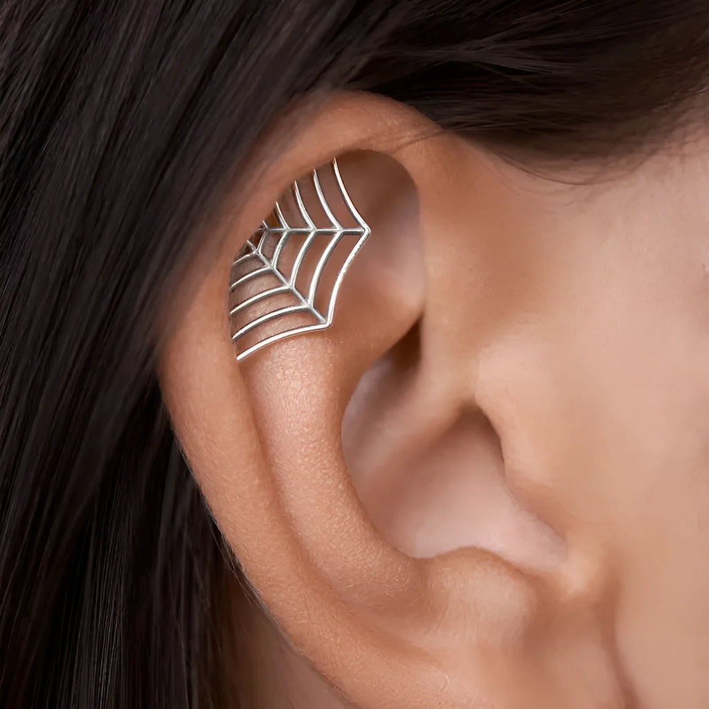 Spider web geometric mesh stud earrings in gold and silver electroplated metal for Halloween