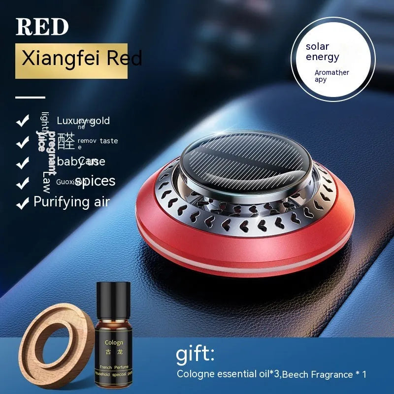 Solar-powered aluminium alloy car air freshener in black, red, or silver for odour removal.