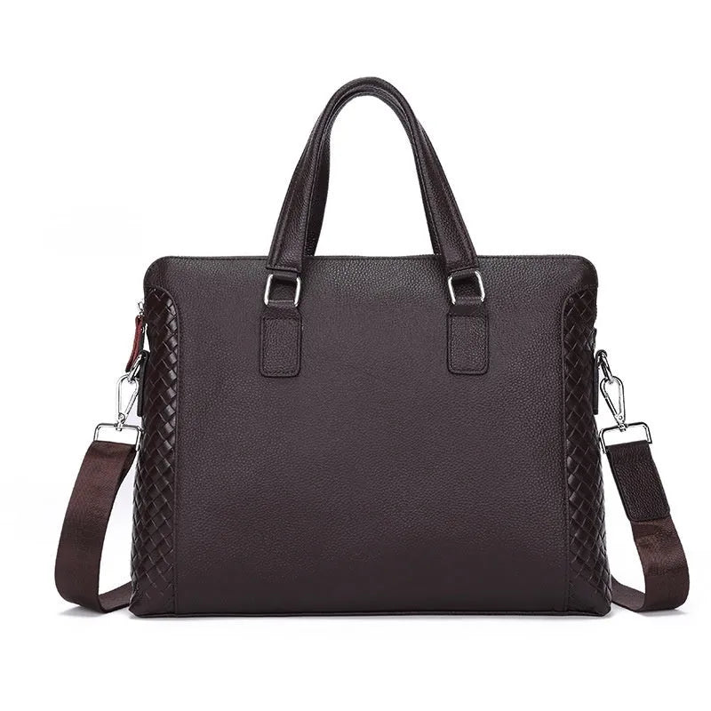 Black genuine leather men's briefcase with embossed weave pattern, horizontal shape, and soft handle for 14-inch laptop