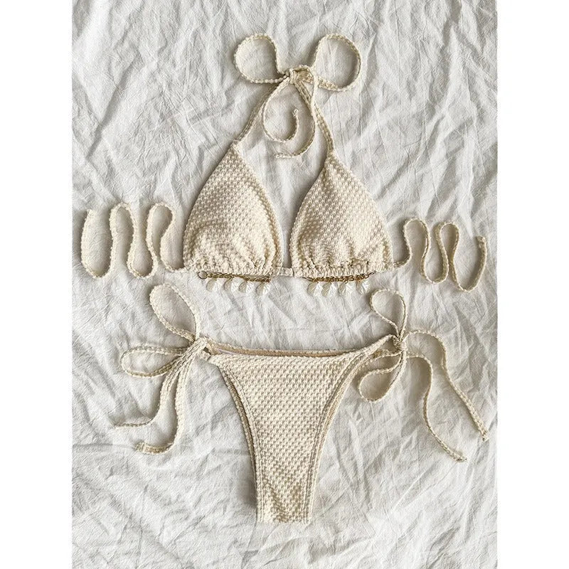 Halter lace-up bikini in Milky White for women swimming, polyester fibre fabric, includes bra and briefs