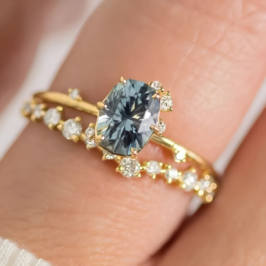 Gold plated floral women's ring with green zircon stone inlay on model finger
