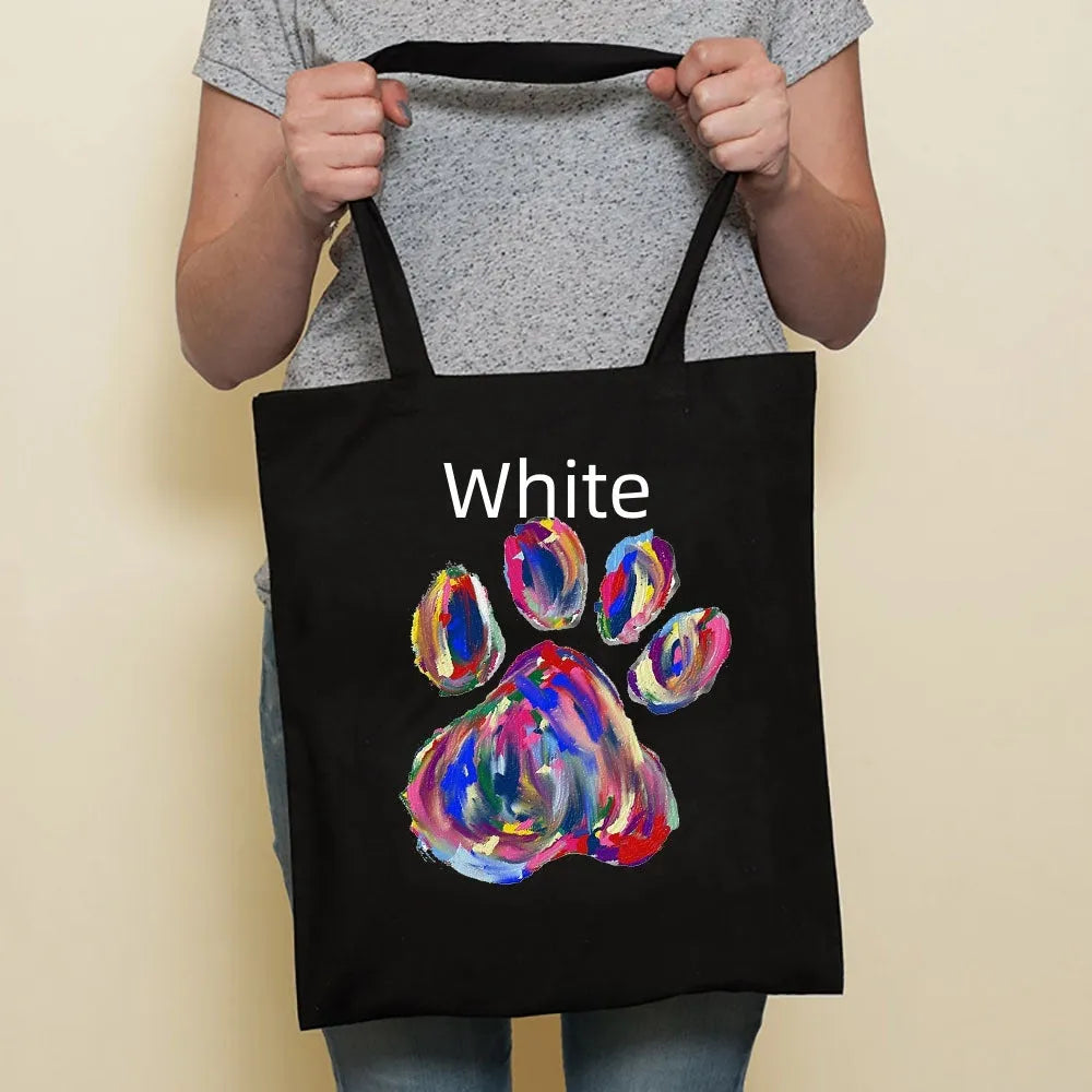 Sausage dog printed canvas bag in black with white dog design on front, sturdy tote for everyday use