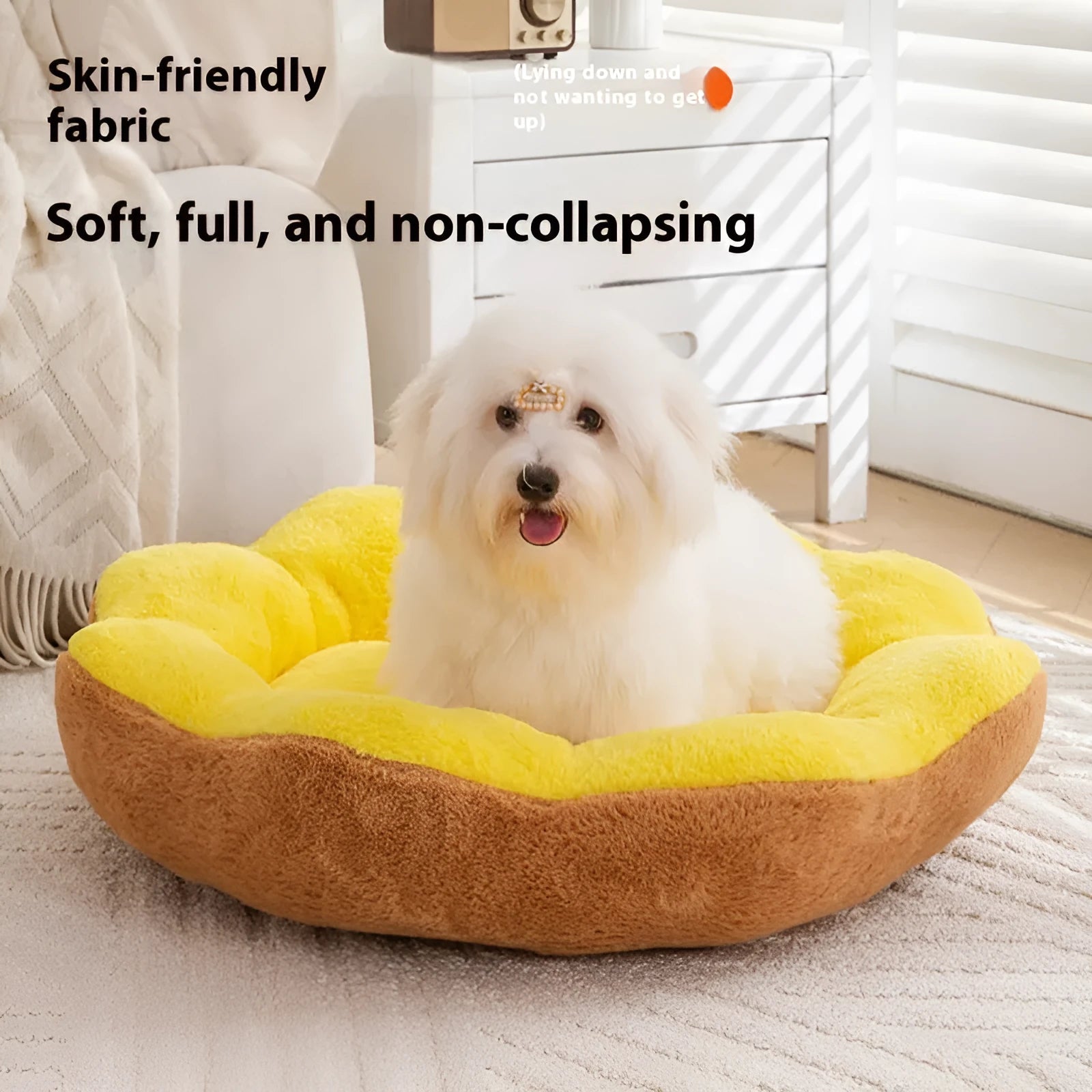 A thick rabbit plush round nest cat bed in a brown gray colour, shown with a detachable section.