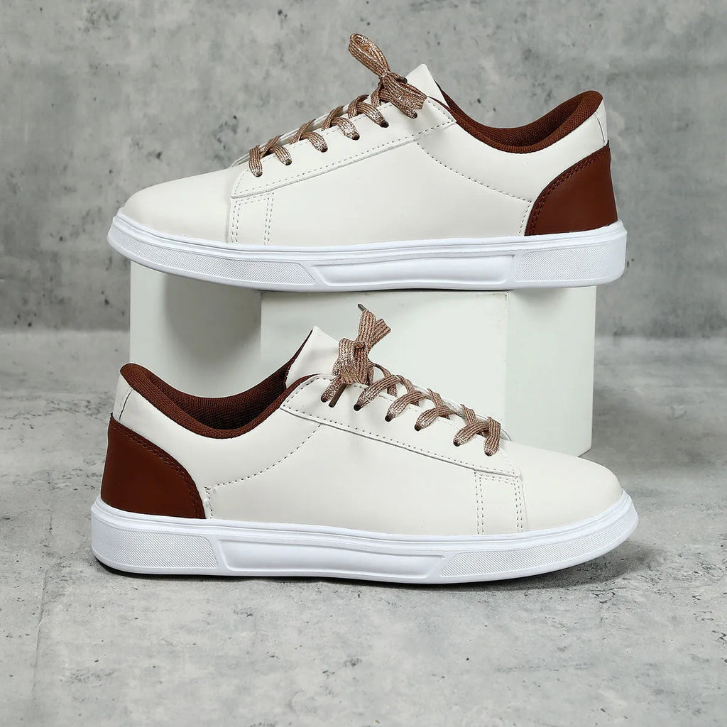 Platform skateboard casual sneakers in beige brown with round toe and cross belt detail