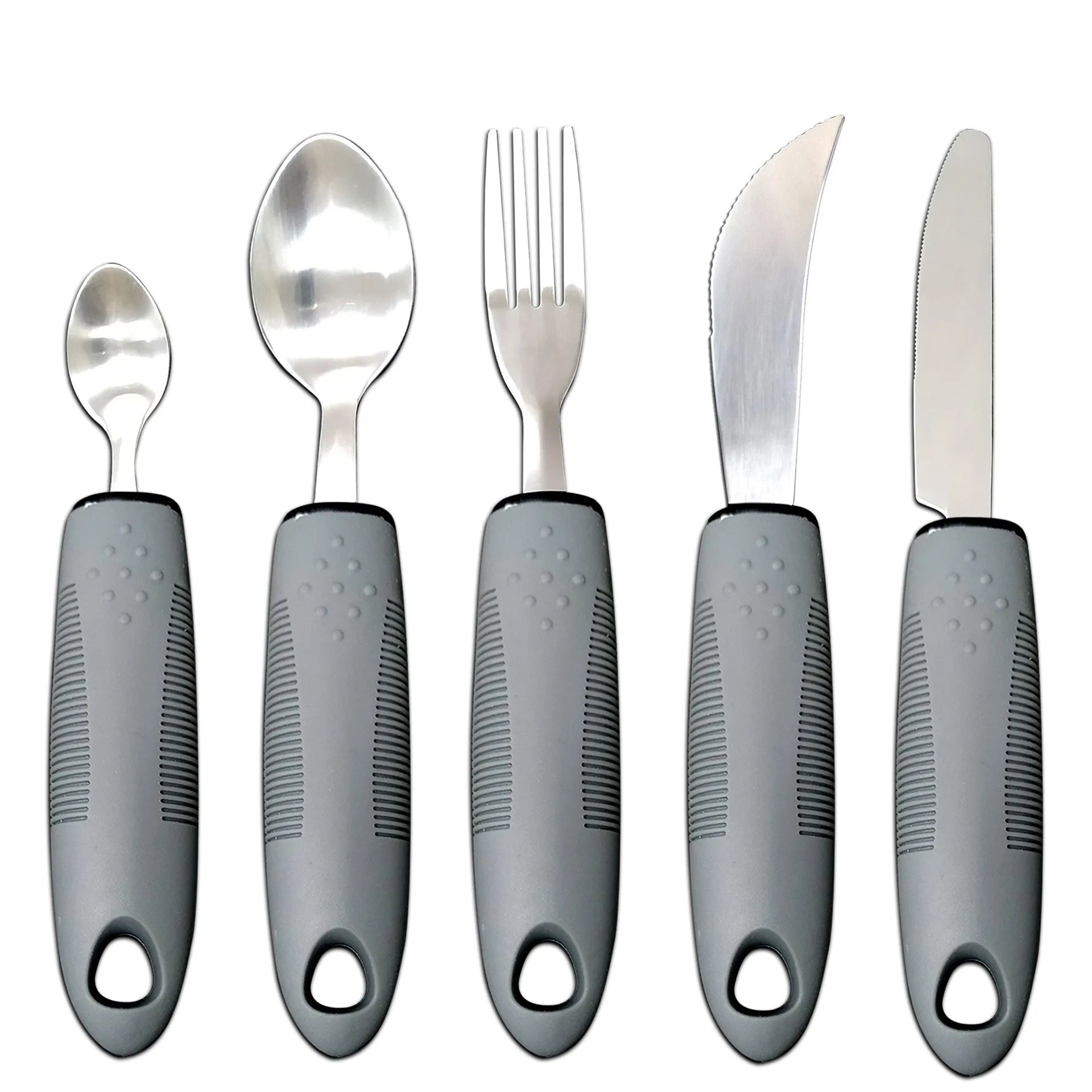 Adaptive cutlery set with stainless steel utensils and rubber grip handles for hand tremor assistance