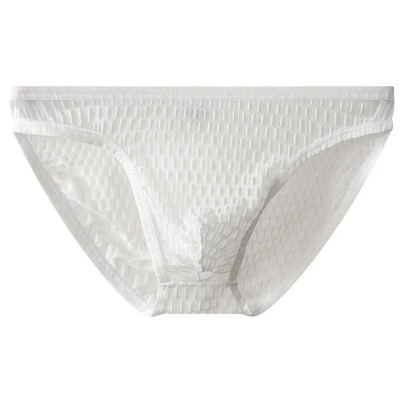 Men's low waist transparent lace underwear in multiple colours on a size chart background.