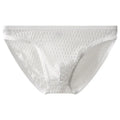 Men's low waist transparent lace underwear in multiple colours on a size chart background.