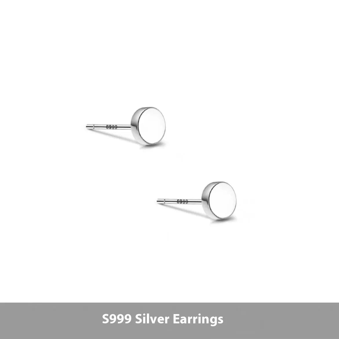 A pair of simple geometric round S999 Sterling Silver flat bone stud earrings in silver and black, showing size variation.