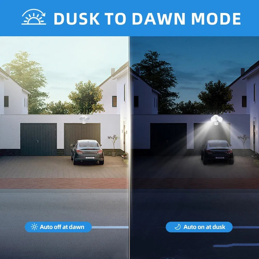 White LED security flood light with motion sensor for outdoor courtyard and garage lighting