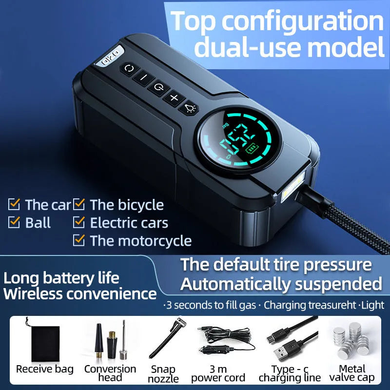 Black wireless portable car tyre air pump with 12V cable and nozzles on a grey background.