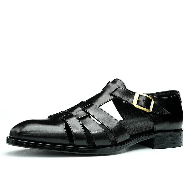 Genuine leather retro business summer men's shoes in brown and black with rubber sole
