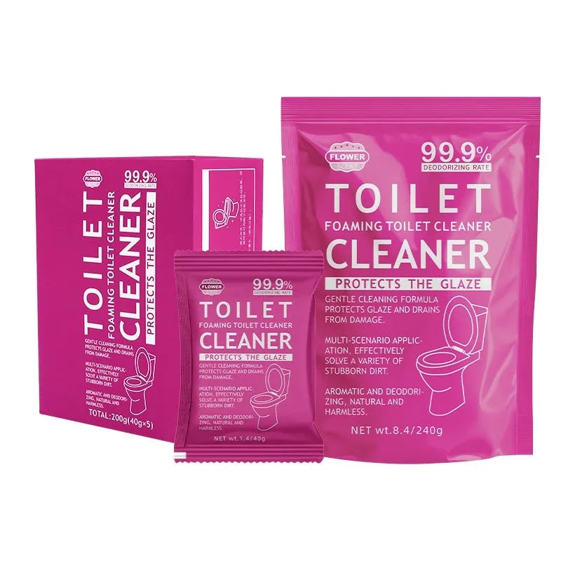Toilet bubble powder descaler in blue ocean or pink floral fragrance, boxed 5x40g bags or 240g large bag.