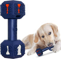 A black and blue durable rubber dumbbell-shaped dog chew toy on a white background.
