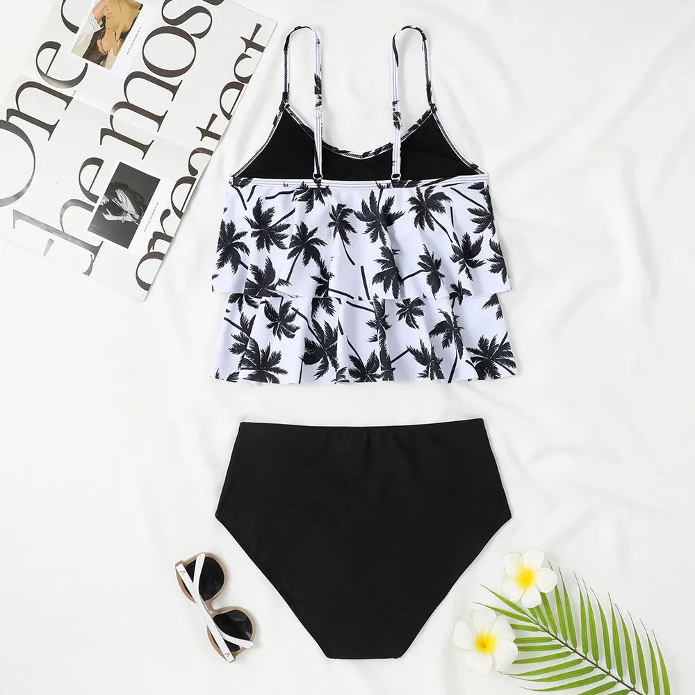 Women's high waist double-layer swimsuit with coconut tree print pattern
