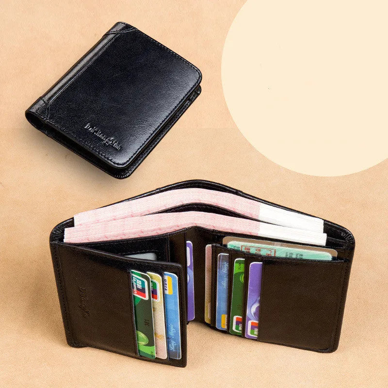 Men's genuine leather wallet open showing multiple internal compartments including card slots and secret pocket