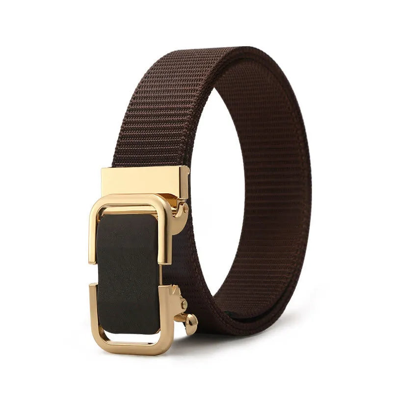 Men's nylon canvas belt with toothless alloy buckle shown in multiple colour options.