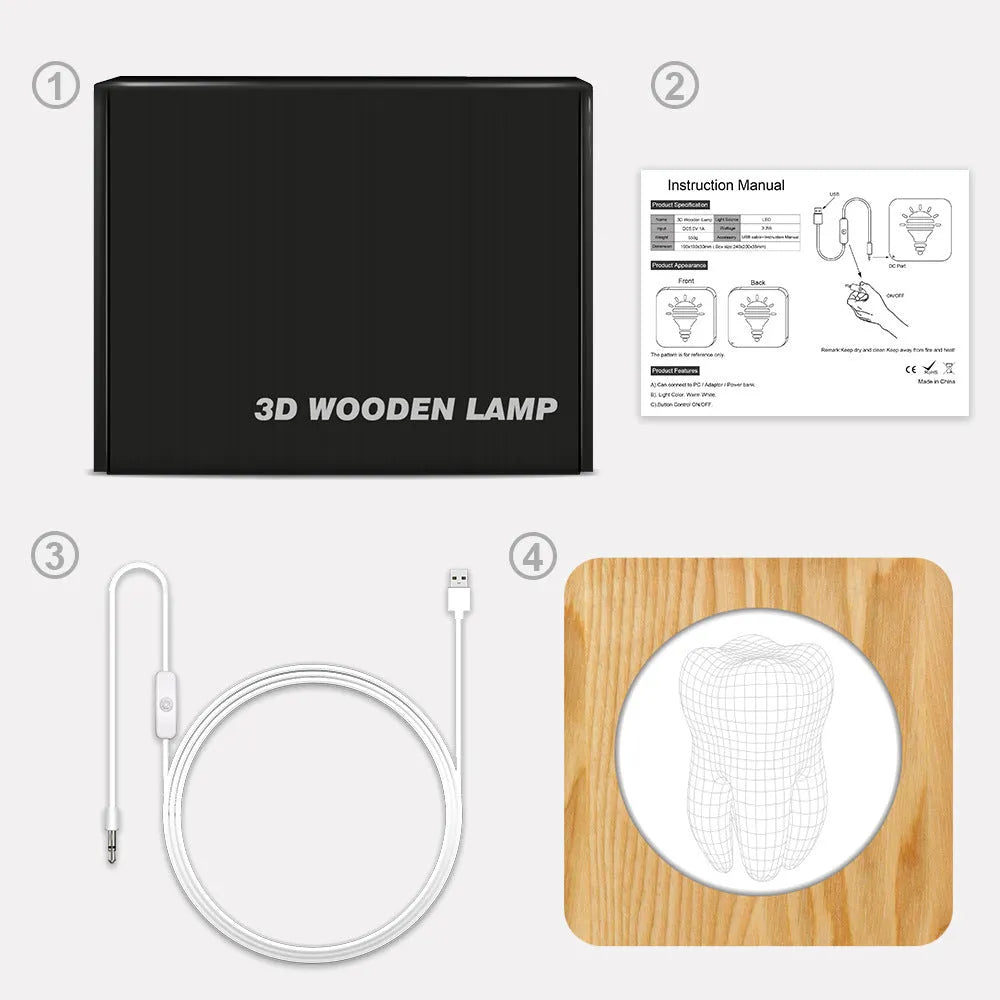 Wood colour tooth-shaped acrylic night light with USB cable on a table