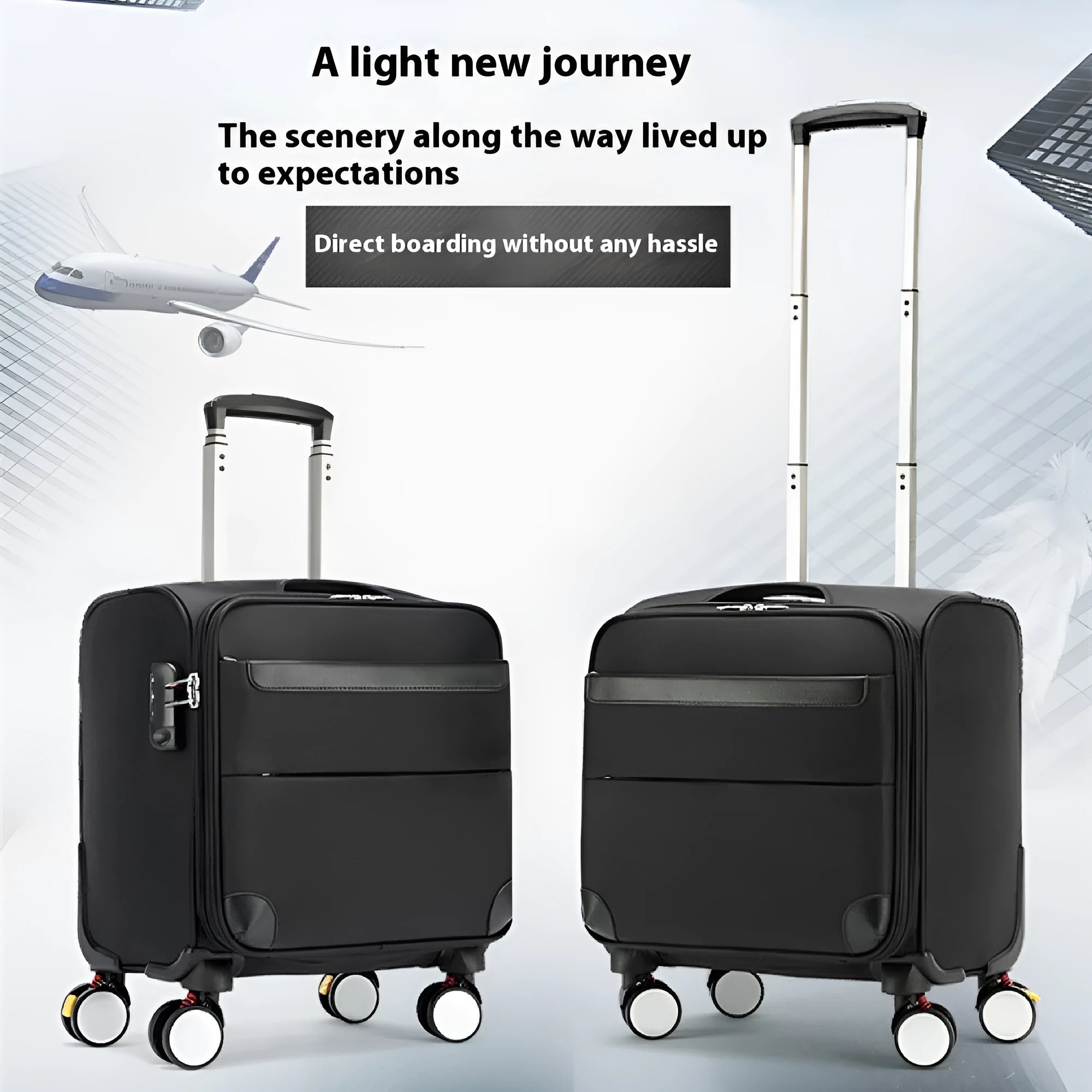 Black 18-inch Oxford cloth business luggage suitcase with universal wheels and retractable handle