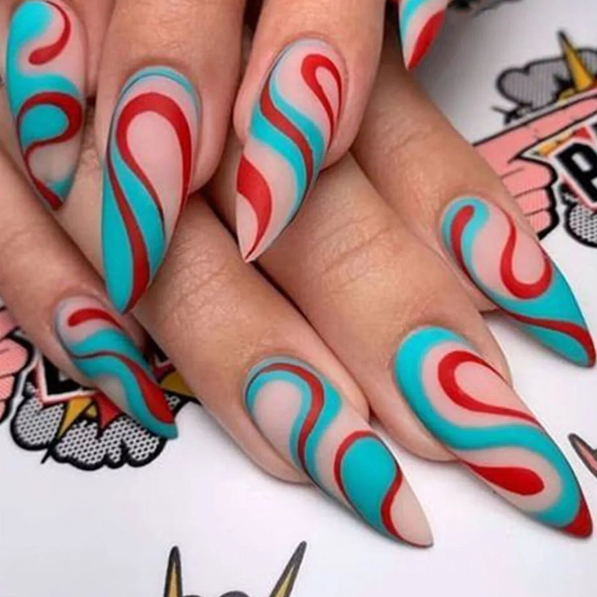 Almond-shaped false nail stickers with colourful lines and plaid patterns in four colour designs