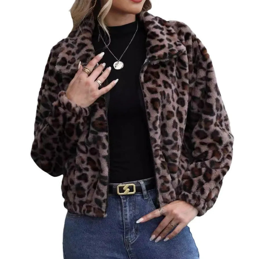 Women's loose fit leopard print plush coat with zip front and raglan sleeves