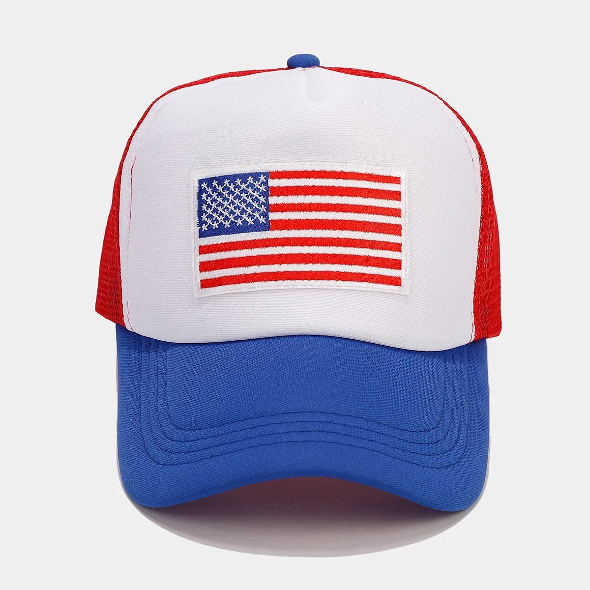 Red and blue mesh baseball cap with adjustable strap and dome crown design