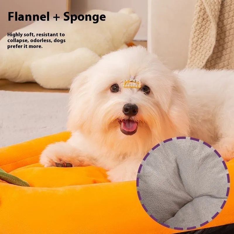 Removable cloth dog bed mat shown in purple, with S M L XL XXL size labels and weight recommendations.