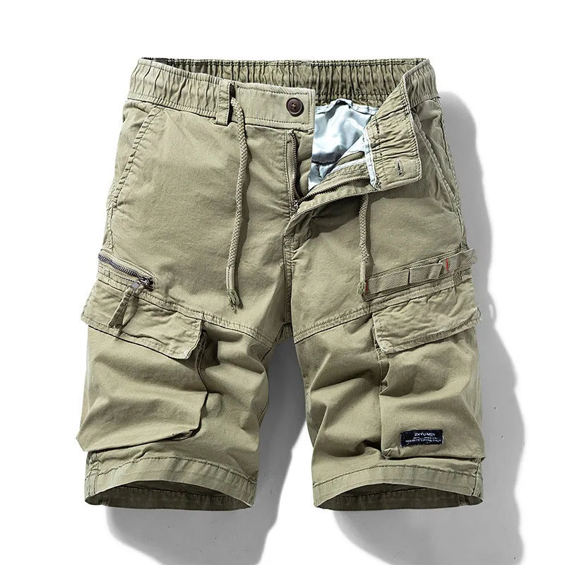 Men's cotton multi-pocket shorts in Army Green with zipper details and a Korean-style fifth-pants length.