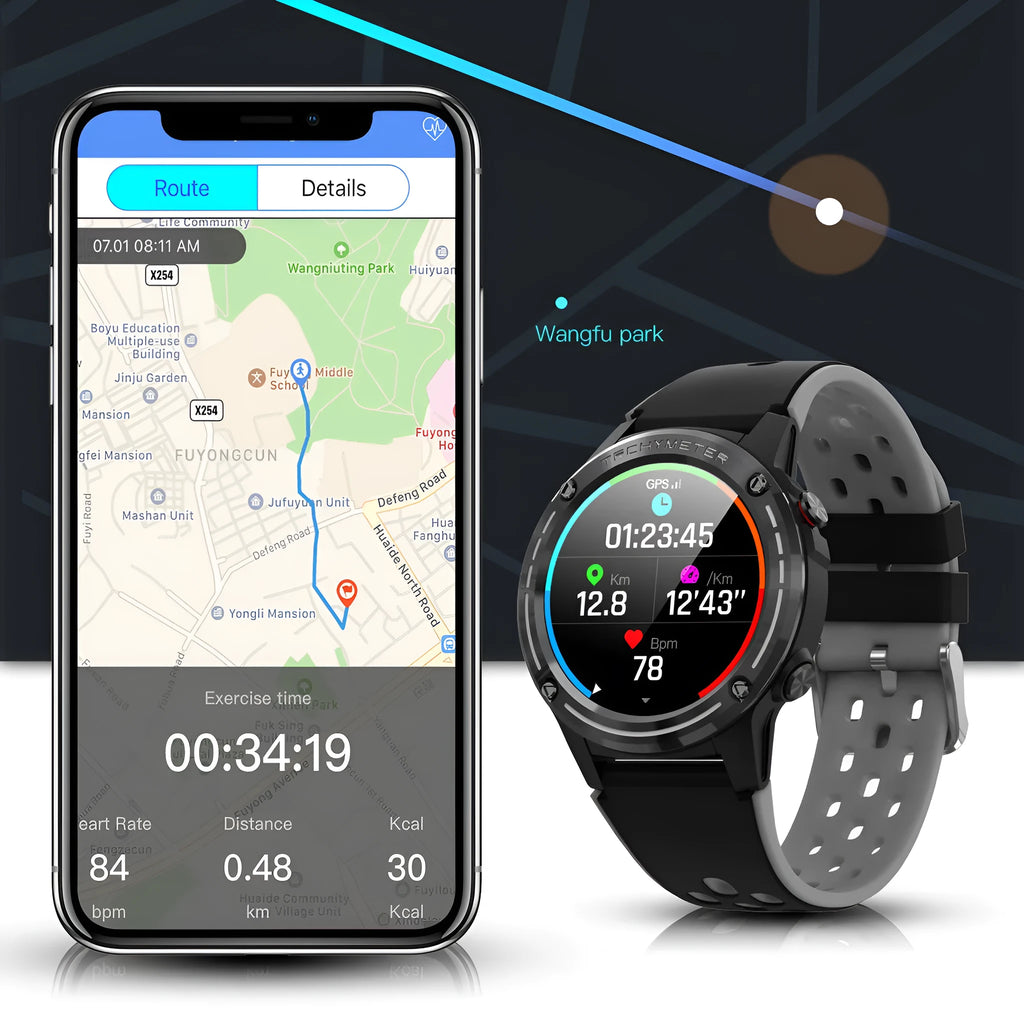 GPS smartwatch with silicone strap in blue, black, cyan, and silver black colour options.
