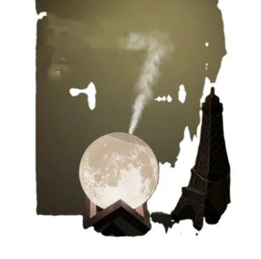 Wood grain spherical USB humidifier and night light on a table, showing its 13 cm size.