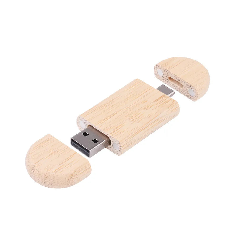 Carved wooden USB flash drive with phone ornament in various wood finishes