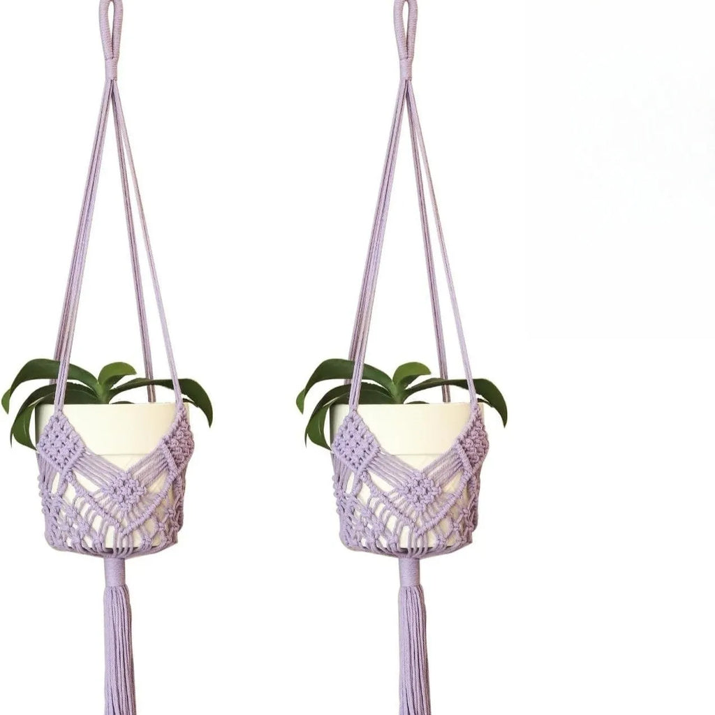 Hand-woven brown polyester cotton flower pot with net pocket extension cord for indoor plants