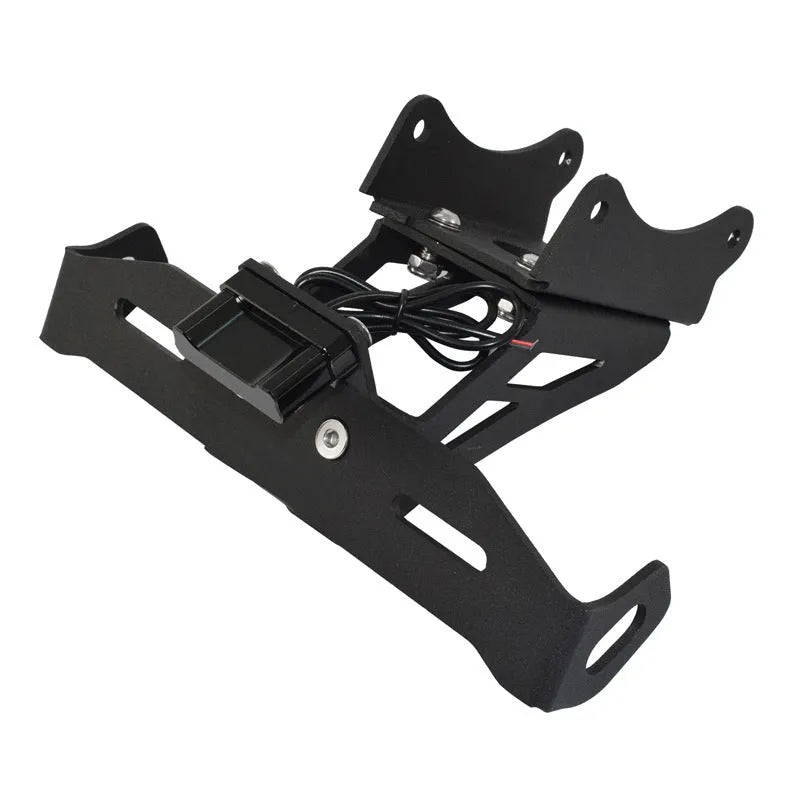 Black aluminium rear licence plate bracket for Honda motorcycles on a white background.