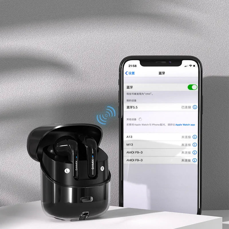 DX16 Couple Bluetooth Headset in black and white in-ear design with digital display screen